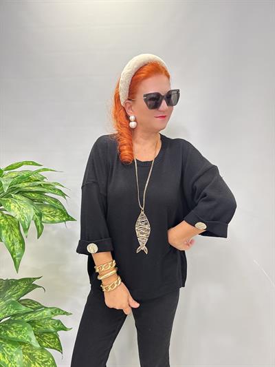 3240 Kolllarda Düğme Detay Angora Triko Siyah