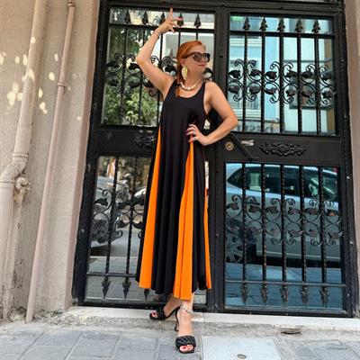 325  LİKRALI VİSKON PENYE ELBİSE SİYAH-TURUNCU 46 BEDENE KADAR UYUMLUDUR  boyum 1.64