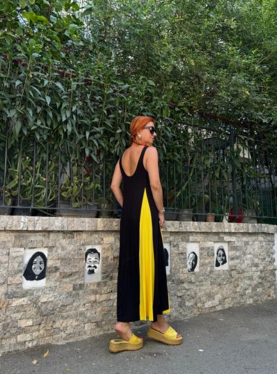 325 LİKRALI VİSKON PENYE ELBİSE SİYAH-SARI 46 BEDENE KADAR UYUMLUDUR boyum 1.64