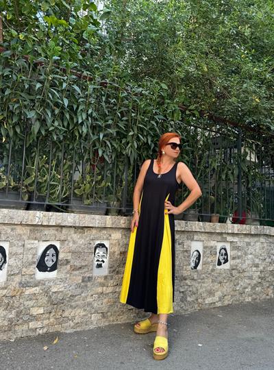 325 LİKRALI VİSKON PENYE ELBİSE SİYAH-SARI 46 BEDENE KADAR UYUMLUDUR boyum 1.64