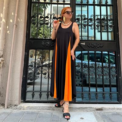 325  LİKRALI VİSKON PENYE ELBİSE SİYAH-TURUNCU 46 BEDENE KADAR UYUMLUDUR  boyum 1.64