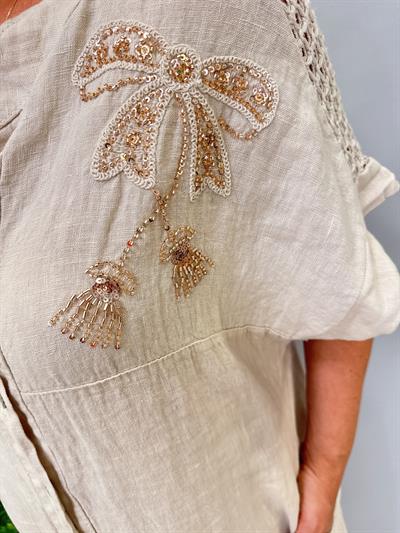 3310 Italyan Nakış Detaylı Keten Elbise Taş 