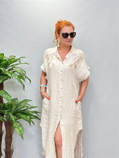 3310 Italyan Nakış Detaylı Keten Elbise Taş 