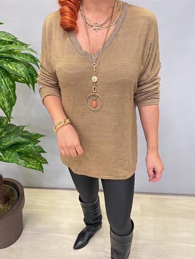 3345 Italyan İnce Sim Detay Triko Bluz Camel