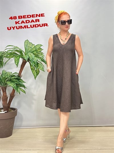 3530 Italyan Ham Keten Elbise Acı Kahve
