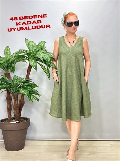 3530 Italyan Ham Keten Elbise Haki