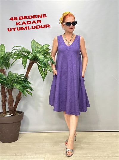 3530 Italyan Ham Keten Elbise Mor