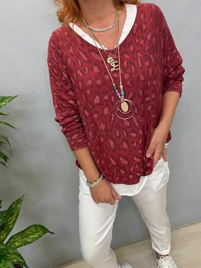 3534 İTALYAN İKİLİ BLUZ LEOPAR DETAY BORDO