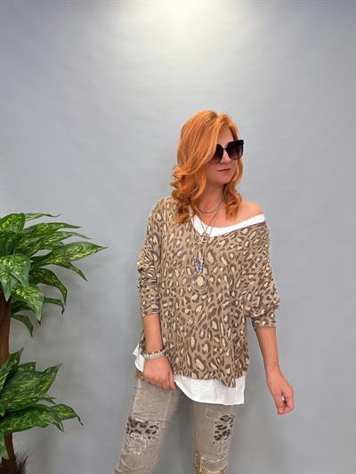 3534 İTALYAN İKİLİ BLUZ LEOPAR DETAY VİZON