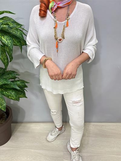 3690 Italyan Merserize Triko Bluz Beyaz