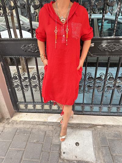 4005 Tasarım Italyan Keten Elbise Kırmızı