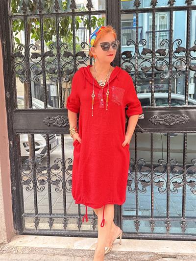 4005 Tasarım Italyan Keten Elbise Kırmızı