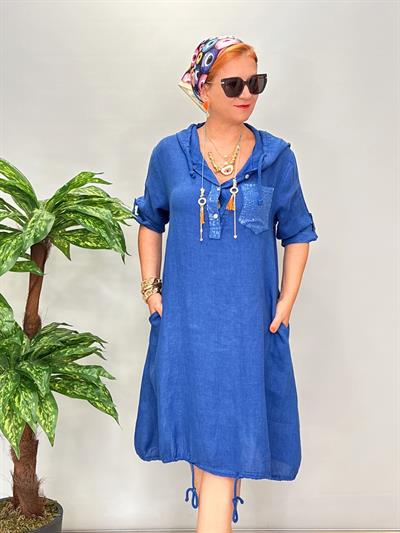 4005 Tasarım Italyan Keten Elbise Saks Mavi