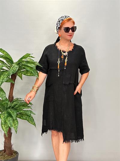 4005  Tasarım Italyan Keten Elbise Siyah