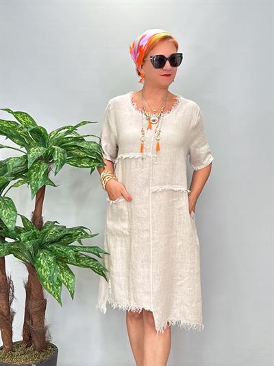 4005  Tasarım Italyan Keten Elbise Taş