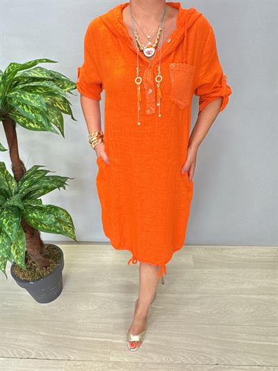 4005  Tasarım Italyan Keten Elbise Turuncu