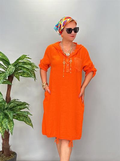 4005  Tasarım Italyan Keten Elbise Turuncu
