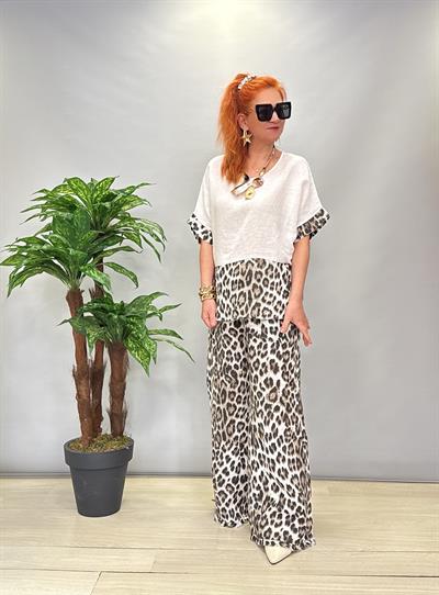MNS 4080 LEOPAR DESENLİ KETEN TAKIM BEYAZ