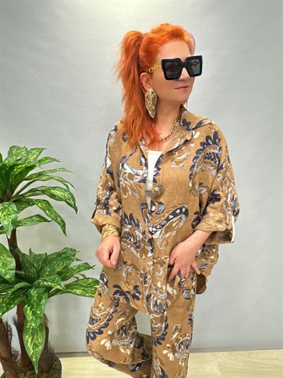 MNS 4085 DESENLİ KETEN TAKIM KAHVE