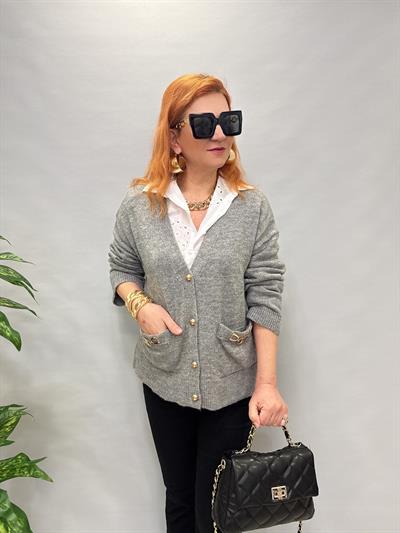 4107 GOLD DETAYLI CEPLİ HIRKA GRİ