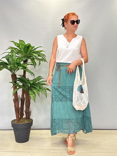 4122 Italyan Pamuklu Dantel Detay Etek Yeşil Tonu