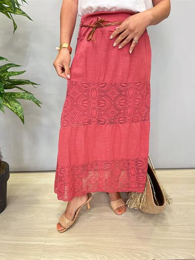 4122 Italyan Pamuklu Dantel Detay Etek Gül kurusu