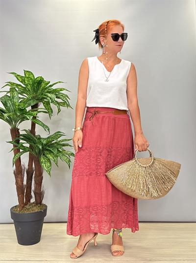 4122 Italyan Pamuklu Dantel Detay Etek Gül kurusu