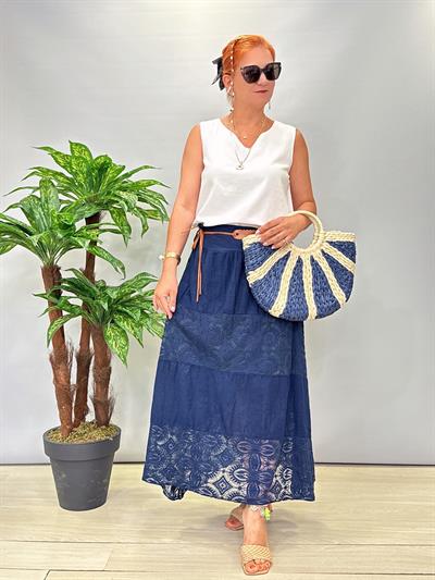 4122 Italyan Pamuklu Dantel Detay Etek Lacivert 