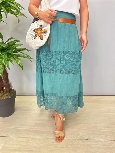 4122 Italyan Pamuklu Dantel Detay Etek Yeşil Tonu