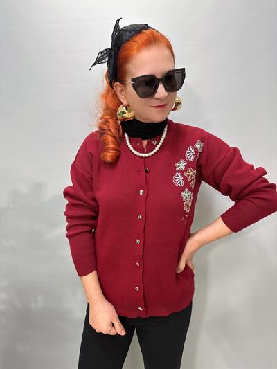 4313 Nakış Detaylı Triko Hırka Bluz Bordo