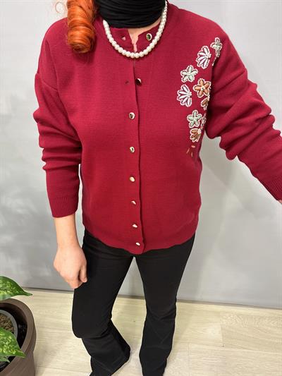 4313 Nakış Detaylı Triko Hırka Bluz Bordo