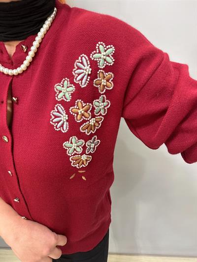 4313 Nakış Detaylı Triko Hırka Bluz Bordo