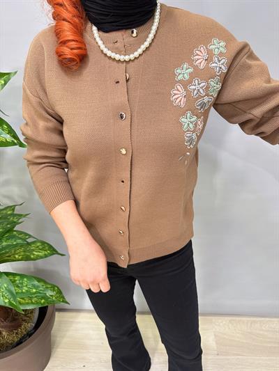 4313 Nakış Detaylı Triko Hırka Bluz Camel