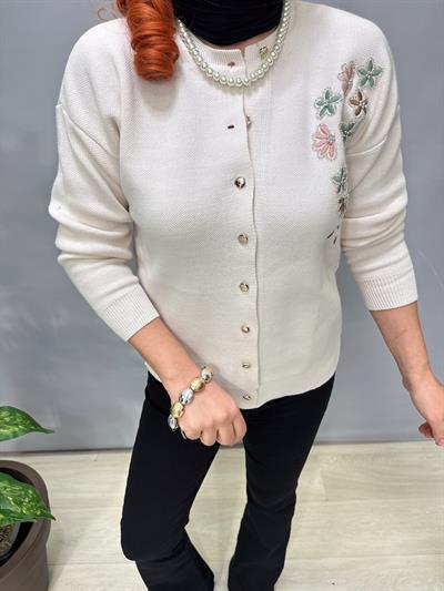 4313 Nakış Detaylı Triko Hırka Bluz Ekru