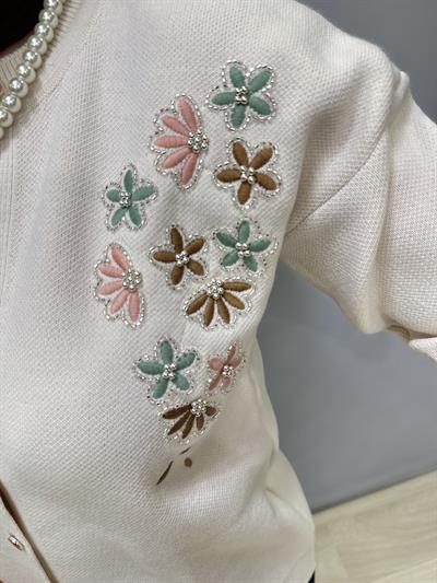 4313 Nakış Detaylı Triko Hırka Bluz Ekru