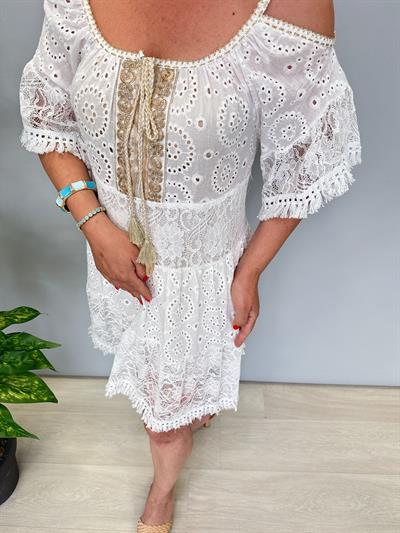4413 Fisto ve Dantel Detay Elbise Beyaz