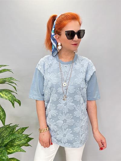 4415 TÜL ÇİÇEK DETAY BLUZ BEBE MAVİ (1 BEDEN KÜÇÜK ALINIZ)