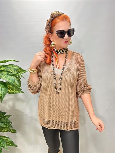 4527 Italyan Delikli Triko Bluz Camel