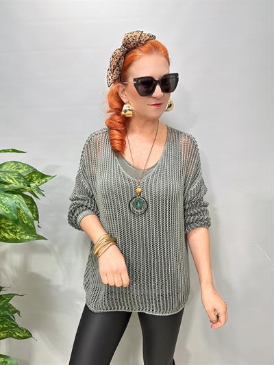 4527 Italyan Delikli Triko Bluz Haki