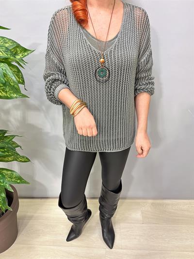 4527 Italyan Delikli Triko Bluz Haki