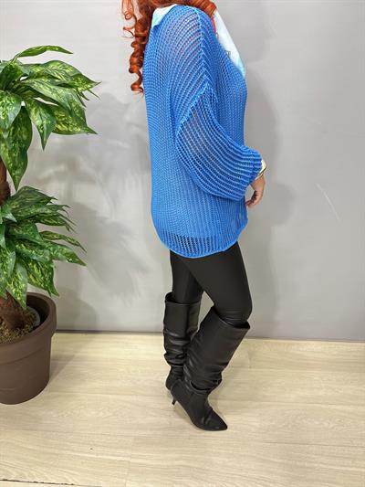 4527 Italyan Delikli Triko Bluz Mavi