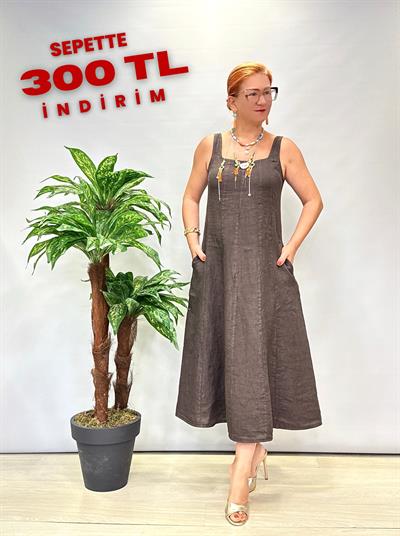 4550 Italyan Ham Keten Elbise Acı Kahve