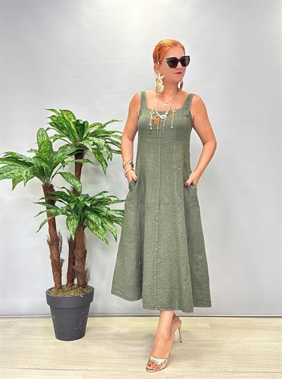 4550 Italyan Ham Keten Elbise Haki