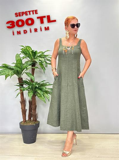 4550 Italyan Ham Keten Elbise Haki