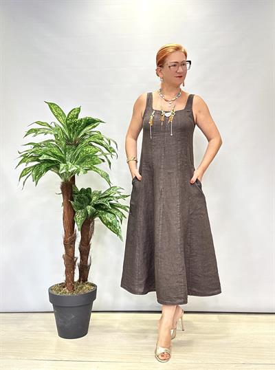 4550 Italyan Ham Keten Elbise Acı Kahve