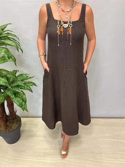 4550 Italyan Ham Keten Elbise Acı Kahve