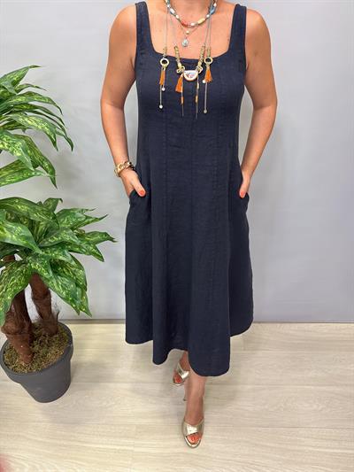 4550 Italyan Ham Keten Elbise Lacivert 