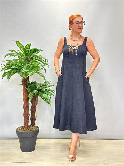 4550 Italyan Ham Keten Elbise Lacivert 