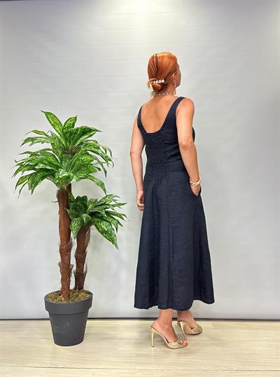 4550 Italyan Ham Keten Elbise Lacivert 