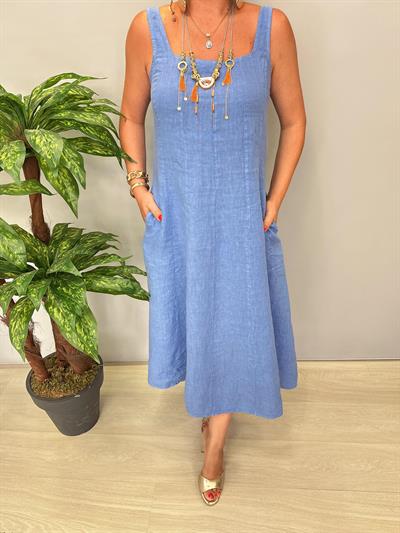 4550 Italyan Ham Keten Elbise Mavi